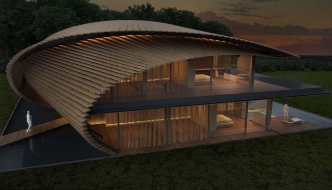 La geometria delle Tsubomi Villas prevede strati sovrapposti di legno 