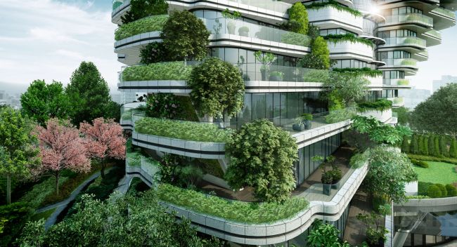 Le terrazze verdi della torre di Callebaut aiutano a combattere la presenza di CO2 nell’aria.