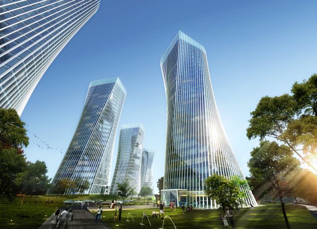 I cinque edifici SOHO del progetto Xiantao Big Data Valley masterplan a Chongqing 