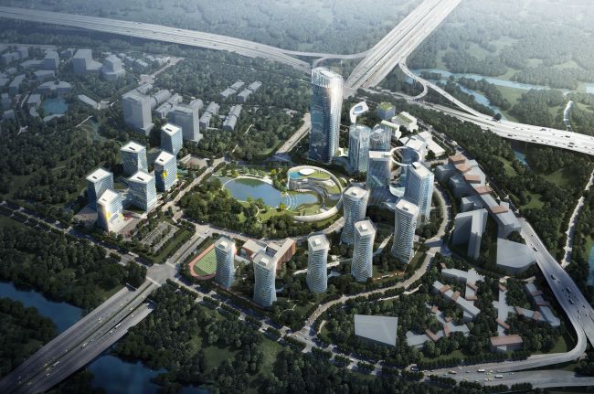 Vista dall’alto del nuovo Xiantao Big Data Valley masterplan a Chongqing