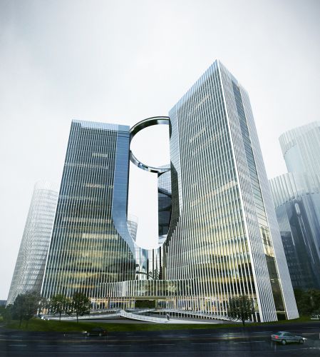 Le tre torri che costituiscono il complesso di uffici di Xiantao Big Data Valley masterplan a Chongqing 