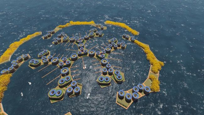 Rendering città galleggiante che sorgerà in Polinesia
