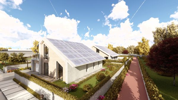 Il tetto della Villa singola Ecolibera studiato per posizionare fino a 20kWp di impianto fotovoltaico esposto a sud.