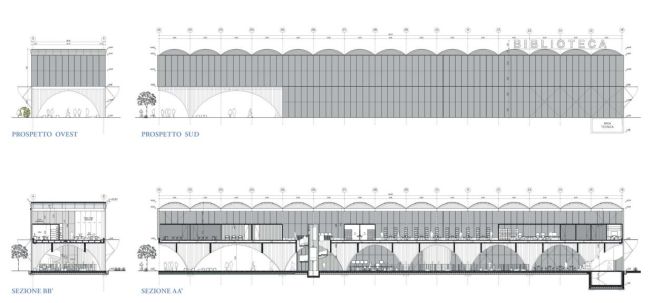 Prospetti e sezioni nuova biblioteca Lorenteggio