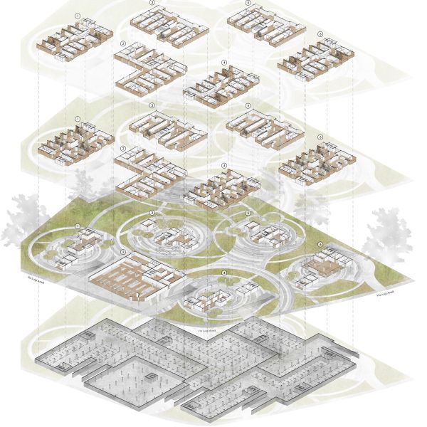 Distribuzione delle nuove funzioni nei piani degli edifici del complesso Serenissima a Padova