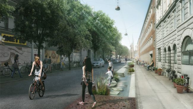 Il quartiere di Nørrebro con marciapiedi impermeabili grazie alla posa di una pavimentazione costituita da fori diffusi