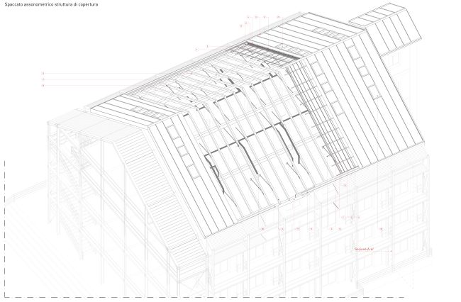 Spaccato assonometrico struttura di copertura del granaio a Porto San Giorgio