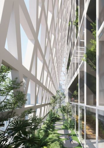 Render grattacielo urbano che respira a Futian, Shenzhen. I giardini interni
