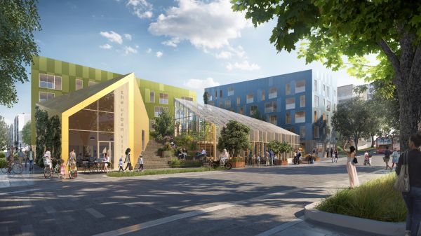 La vista dalla strada di Urban Village, progetto reinventing cities Oslo