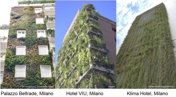 Esempi di pareti verdi di tre alberghi di Milano
