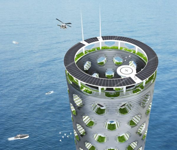Vertical city: La città verticale sull’acqua. Case con tetto solare ed eliporto
