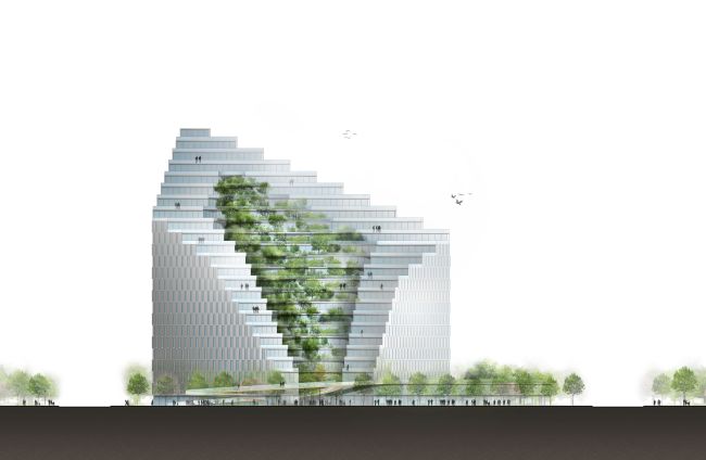 Render del prospetto sud dell’Ekspozita Building di Tirana 