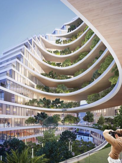 Render della corte interna dell’edificio dell’Ekspozita Building di Tirana 