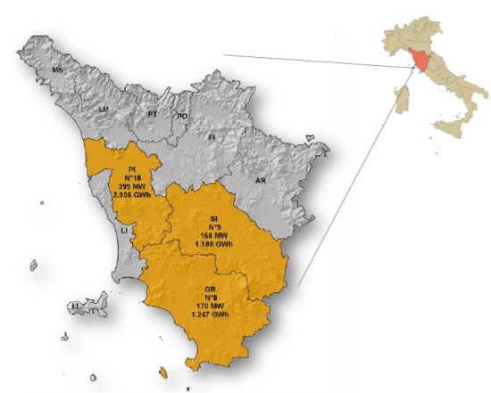 Distribuzione degli impianti geotermici in Toscana