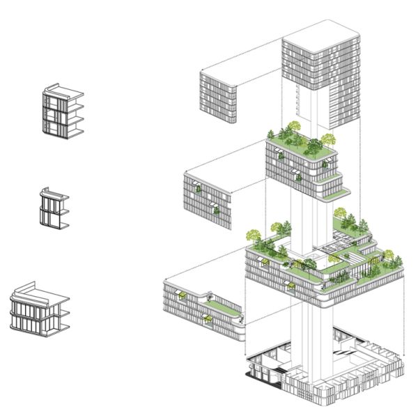 La scomposizione dei volumi della torre B di Utrecht