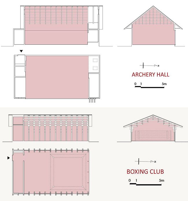 Archery Hall & Boxing Club, metodo di assemblaggio dei due edifici