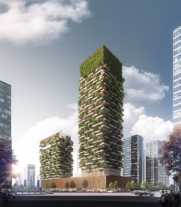 Rendering delle 2 torri del Bosco verticale di Nanjing in Cina