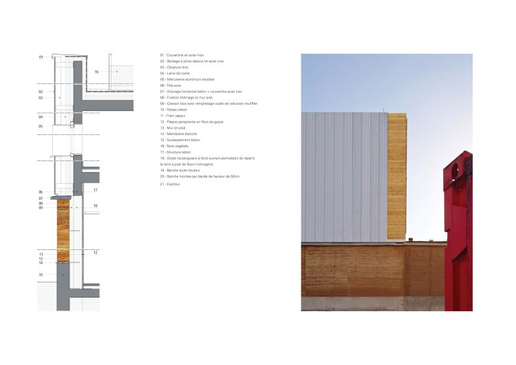 Dettaglio costruttivo del muro di terra cruda della scuola Miriam Makeba di Nanterre