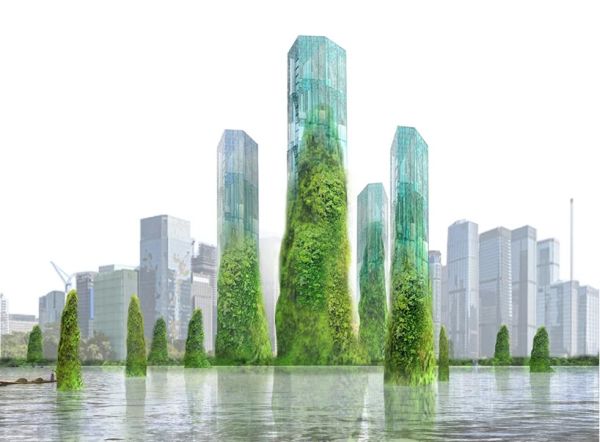 X_PUR: grattacieli che spuntano dall’acqua ricoperti da fitta vegetazione