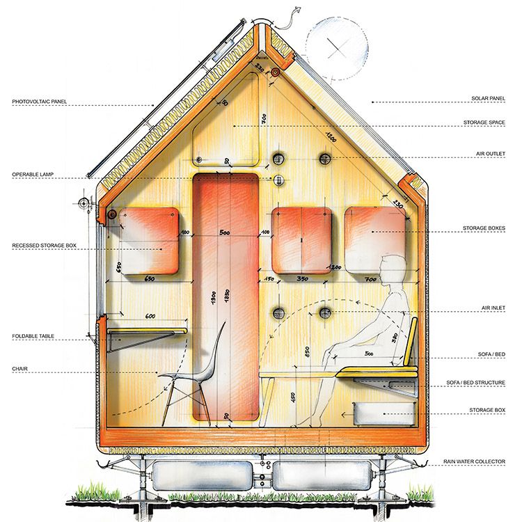 Sezione zona living della tiny house Diogene di Renzo Piano