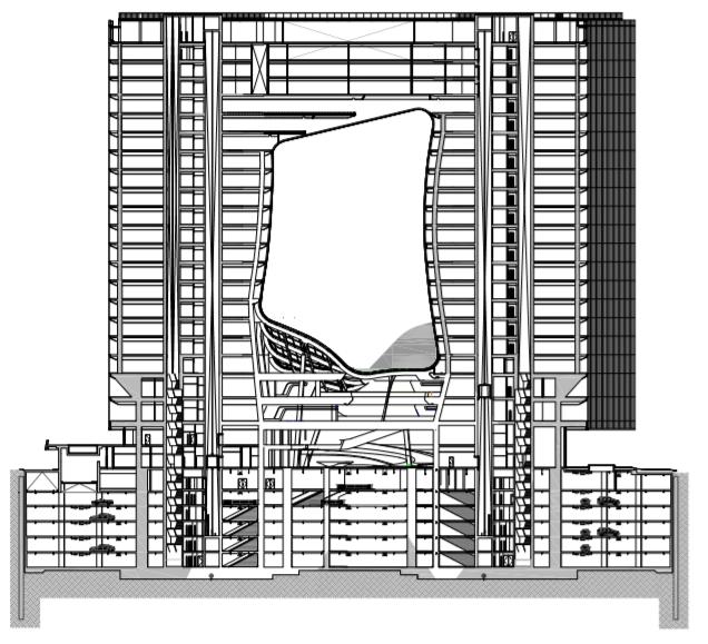 Stralcio della sezione trasversale dell'Opus di Dubai nel quartiere Burj Khalifa