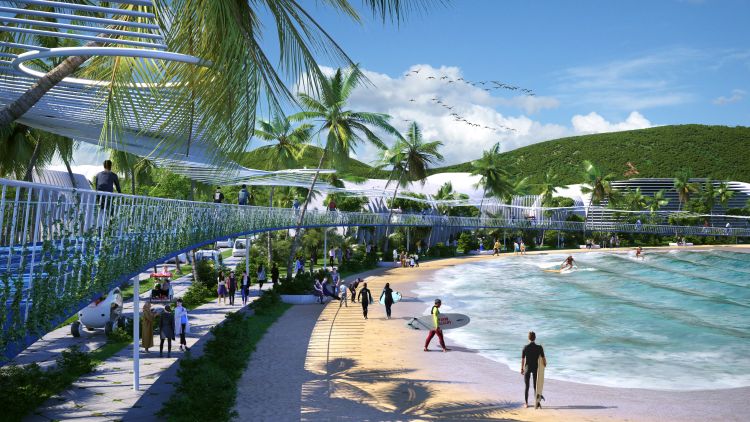 La spiaggia e l’area sportiva di BiodiverCity nell'ambito del progetto BiodiverCity a Penang, in Malesia 