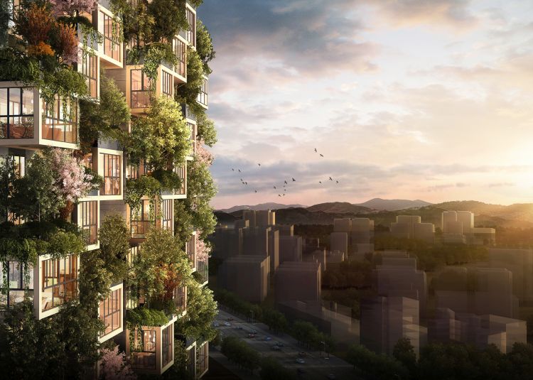 Render del Bosco verticale di Huanggang in Cina, progetto di Stefano Boeri Architetti