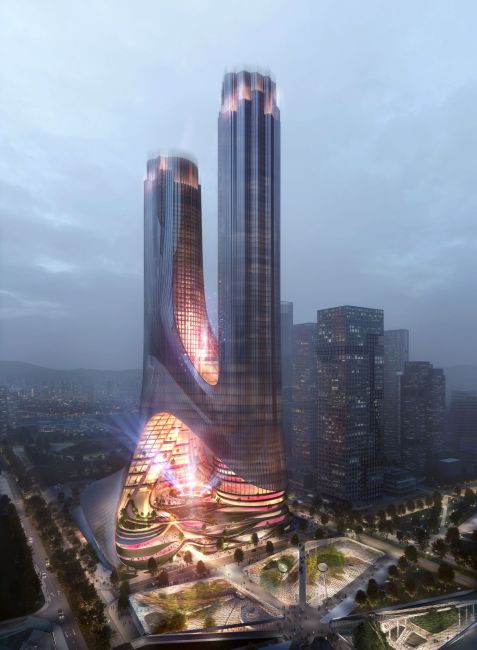 Render della torre C del Shenzhen Bay Super Headquarters con vista notturna