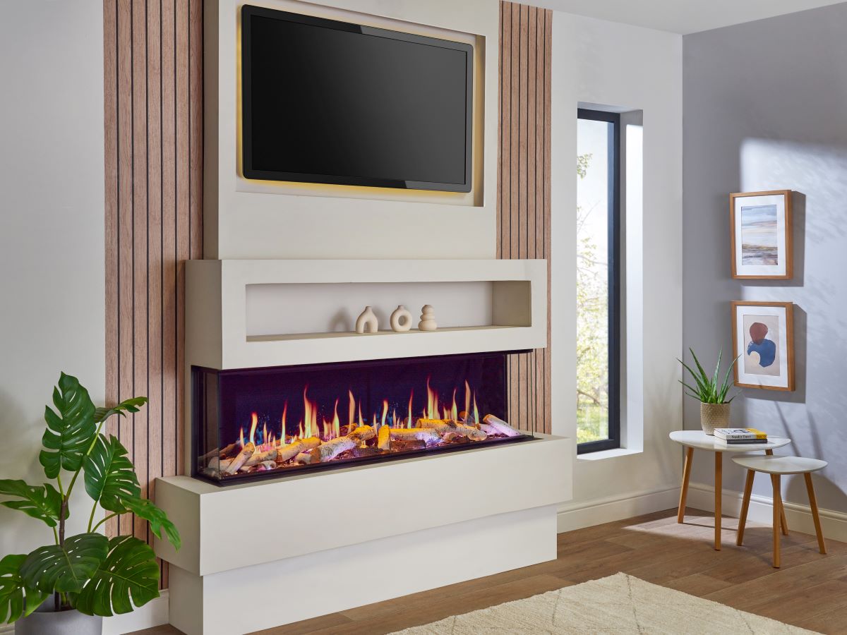 Caminetto elettrico Lhumi di MaisonFire con tecnologia Real Flame