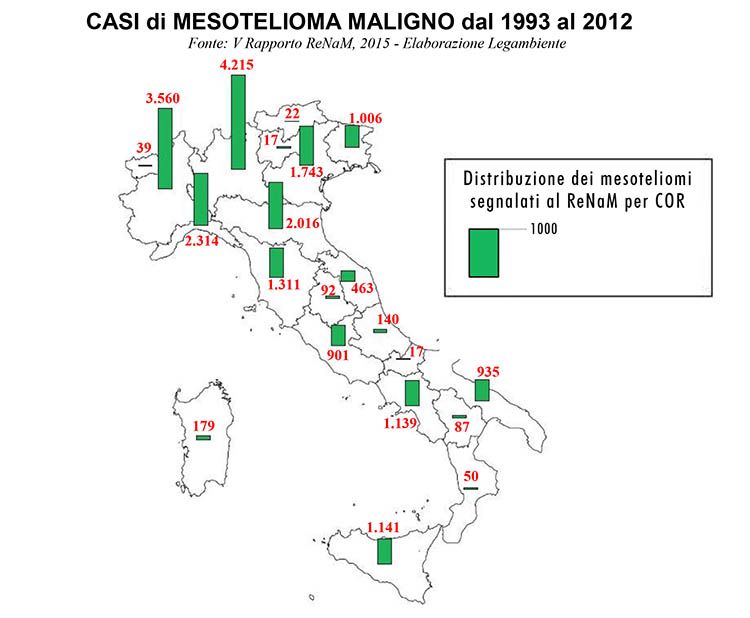 Amianto: Casi di mesotelioma maligno in Italia dal 1993 al 2012. Fonte Legambiente