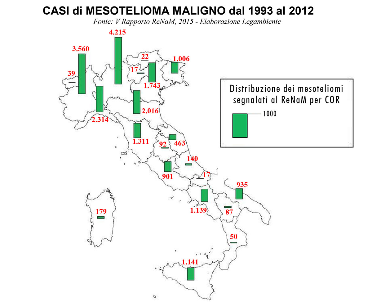 Amianto: Casi di mesotelioma maligno in Italia dal 1993 al 2012. Fonte Legambiente