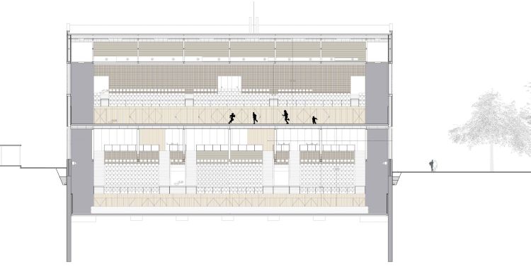 Sezione del nuovo centro sportivo Camp del Ferro a Barcellona 