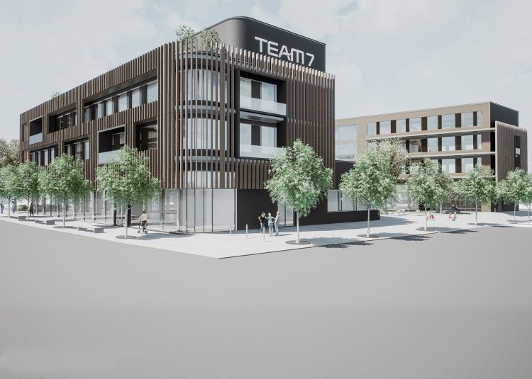 Render della nuova sede di Team 7 a Ried in Innkreis, in Alta Austria 