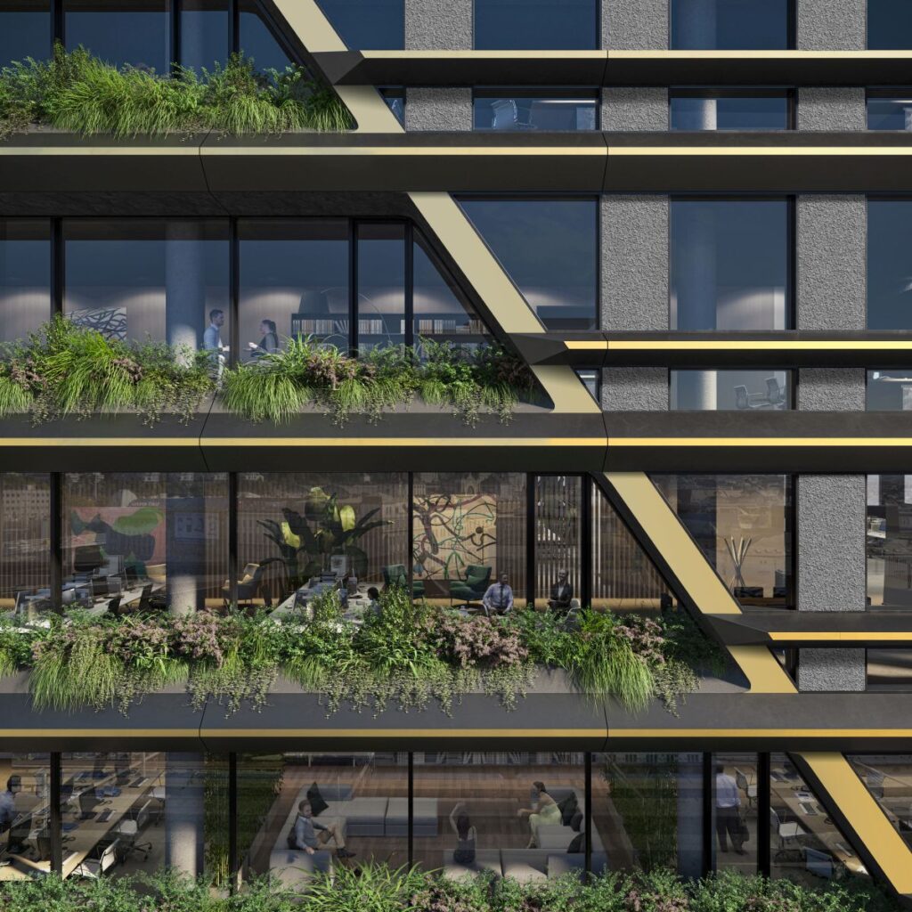 Il verde ai piani e sulle terrazze è una presenza costante del nuovo complesso Masaryčka Building a Praga