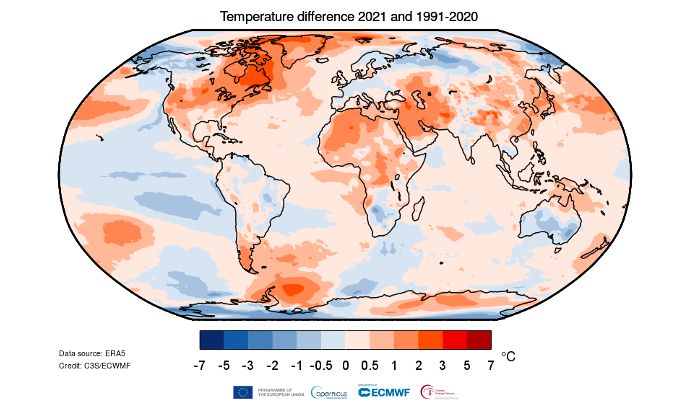 Differenza temperature tra 2021 e periodo 1991-2020