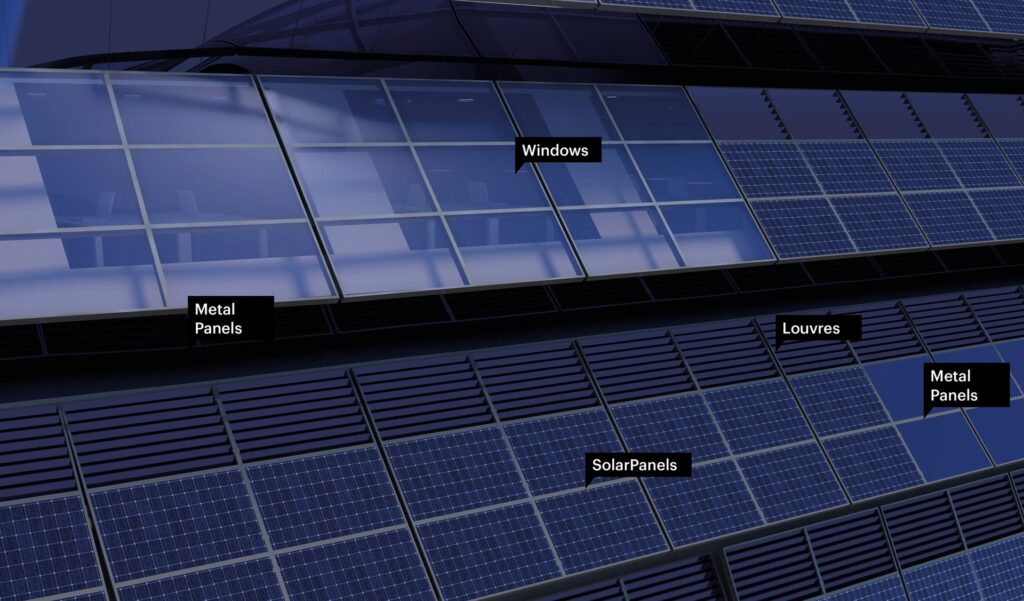 I dettagli della facciata di Sun rock, edificio ricoperto da pannelli fotovoltaici a Taiwan