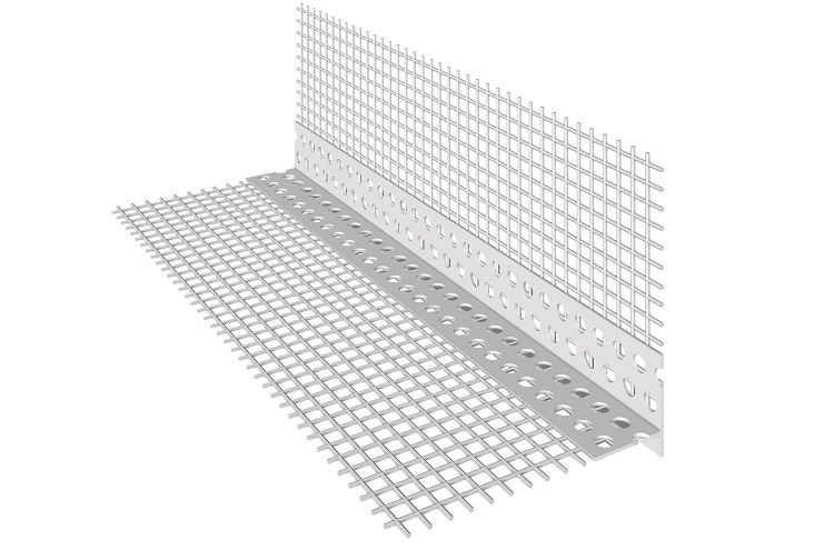Paraspigolo in PVC con rete in fibra di vetro preincollata e gocciolatoio diagonale