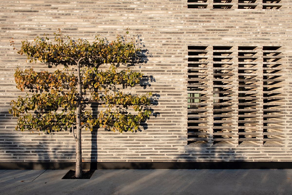 Vista esterna, lato est di Casa Visibilio con brise soleil in muratura