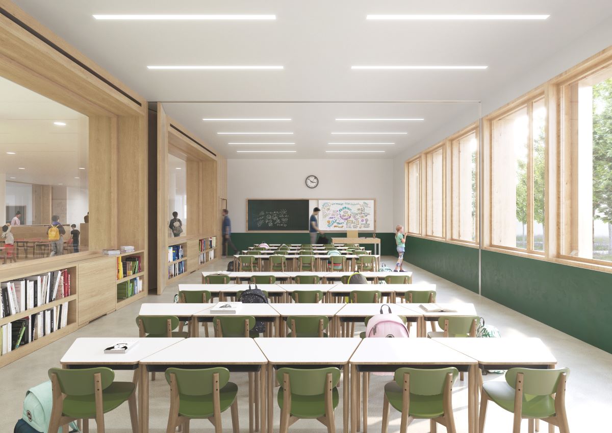 Una delle aule del nuovo istituto scolastico di Villa Ferro a Fidenza firmato dallo studio Vittorio Grassi Architects di Milano