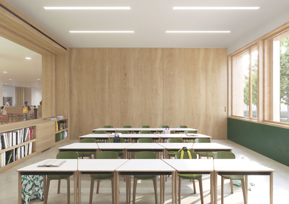 Una delle aule di tipo chiuso del nuovo istituto scolastico di Villa Ferro a Fidenza, progetto di Vittorio Grassi Architects