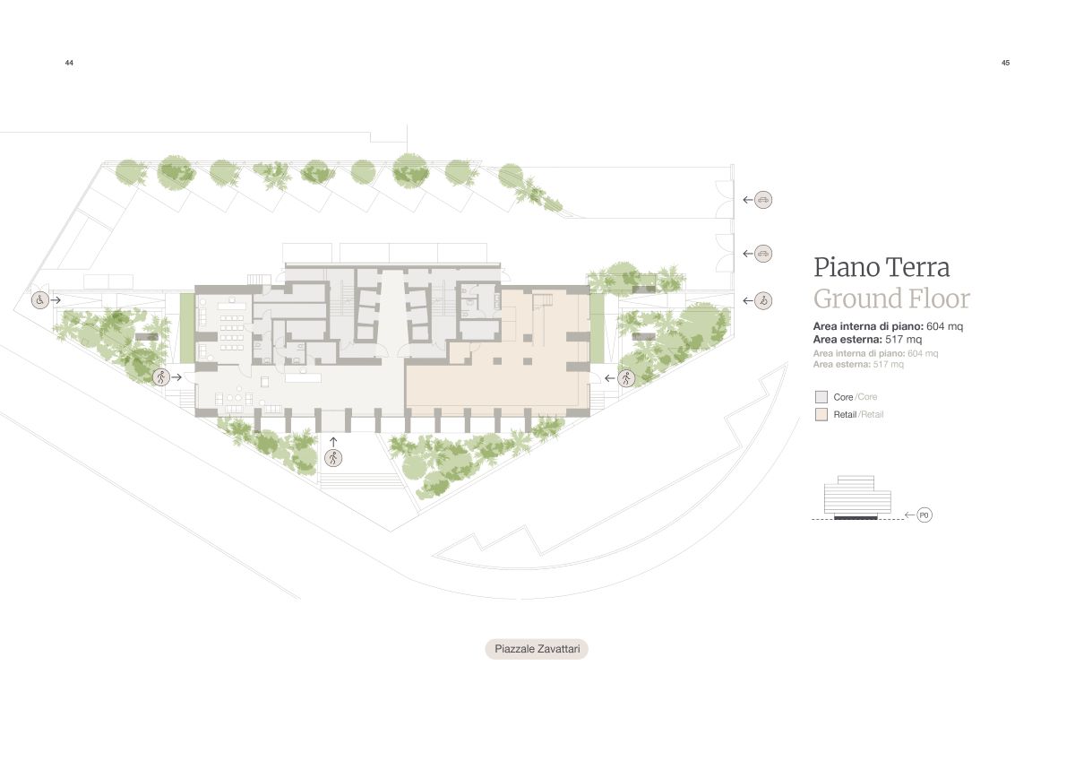 Pianta del piano terra dell'edificio per uffici di piazzale Zavattari 12 a Milano progettato da Piuarch 