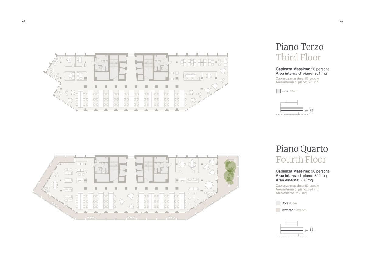 Piante dei piani terzo e quarto dell'edificio per uffici di piazzale Zavattari 12 a Milano progettato da Piuarch 