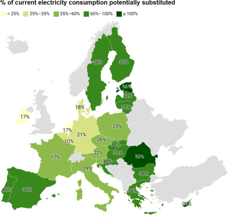 La mappa mostra come l'utilizzo del FV su tetto, galleggiante e su strade potrebbe ridurre l'intensità di carbonio per singolo paese.