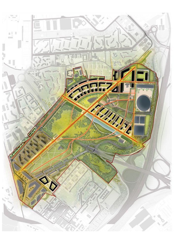 Planimetria dell’impianto del cardo e decumano dell’area di Milano Santa Giulia: in nero le nuove realizzazioni 