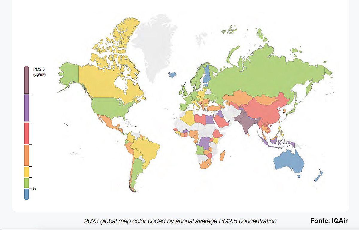 Mappa globale del 2023 della concentrazione media annuale di PM2,5 
