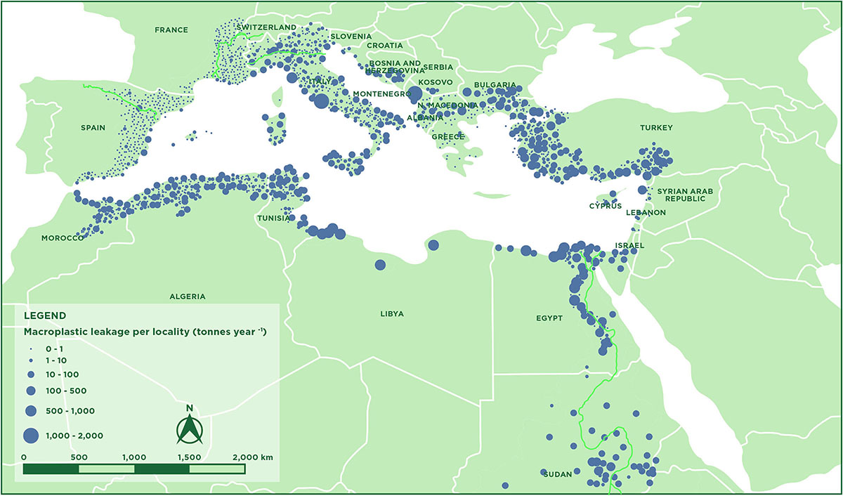 Perdita di macroplastica da rifiuti mal gestiti nel Mar Mediterraneo, per località