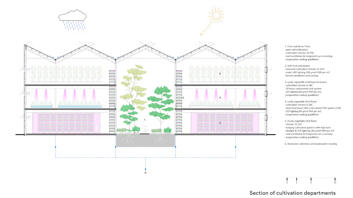 Sezione dei vari reparti di coltivazione della Vertical Farm di Pechino