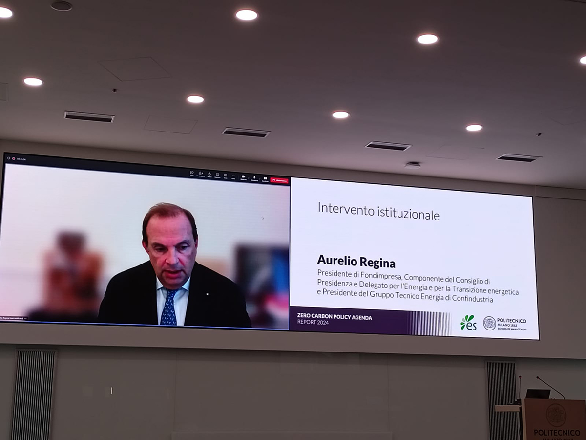 Aurelio Regina, presidente di Fondimpresa, delegato per l'Energia e per la Transizione energetica nonché presidente del Gruppo Tecnico Energia di Confindustria