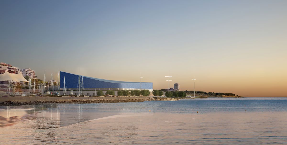 Il nuovo stadio di nuoto di Taranto visto dal mare
