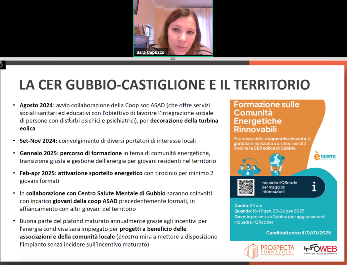 Sara Capuzzo ha presentato al convegno di Prospecta Formazione sull'eolico l'impianto collettivo “Il Castiglione” diventato CER